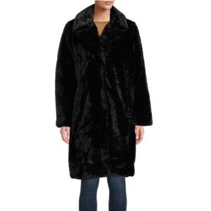 DKNY Ultra Soft Faux Fur Shell Longline Coat Size Womens Large Black